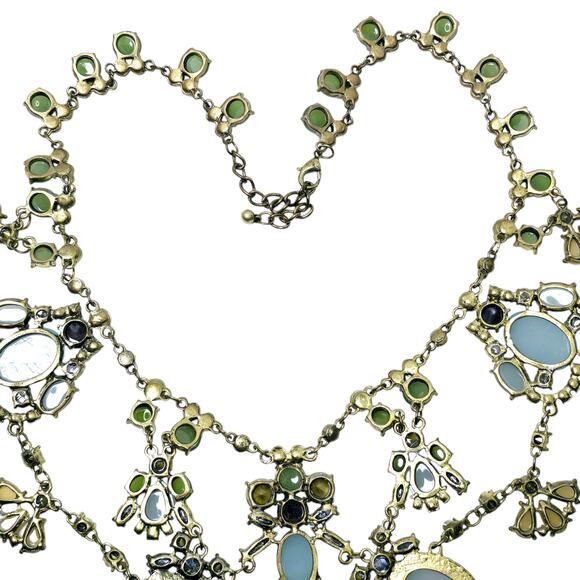 Chunky Chandelier Gold Tone Bib Statement Necklace Faceted Rhinestones Cabochons - Picture 7 of 8